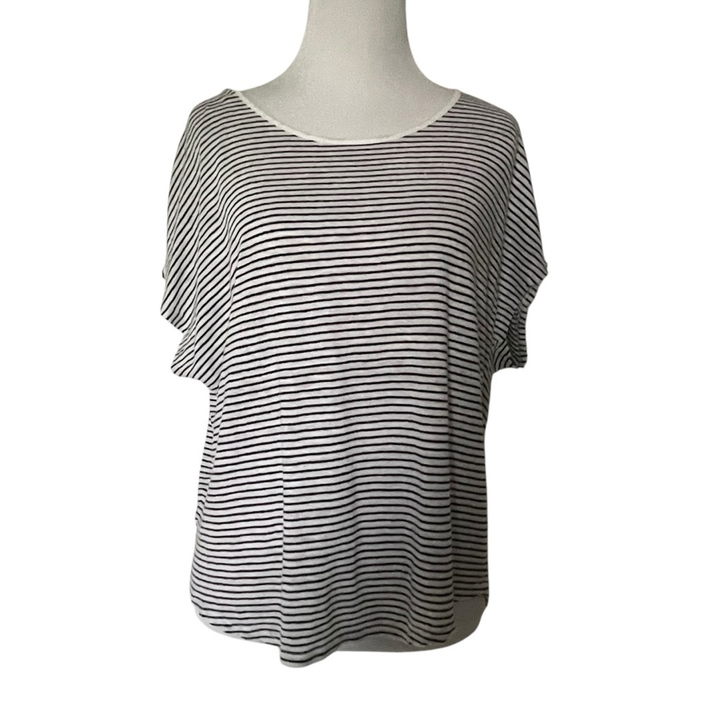 Vince Womens Top sz Small Linen Tee Micro Stripe Ivory Black Classic Capsule